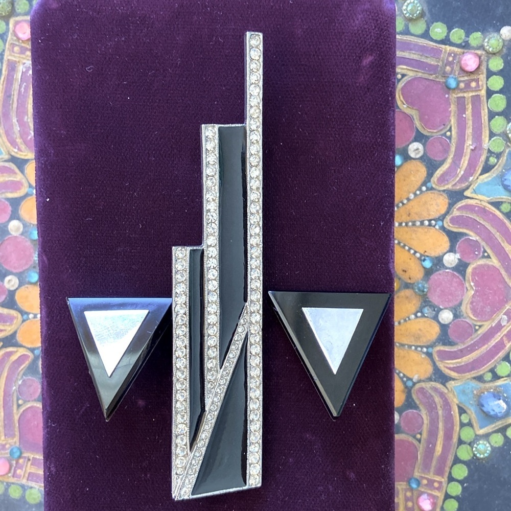 Art Deco Sterling Silver Pierced Earrings And Brooch Vintage Excellent